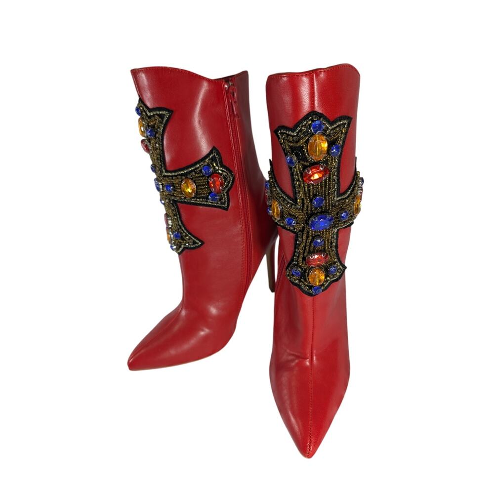 NWOT! FAB ROUGE RED ANKLE BOOTS WITH BEADED & JEWELED, EMBROIDERED CROSS! SZ 6 - Picture 4 of 11